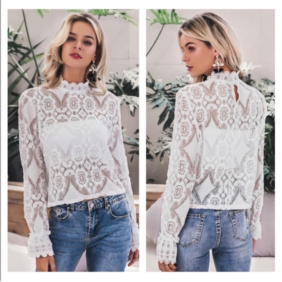 PERFECT PETALS WHITE LACE SEE-THROUGH TOP - Picture 7 of 11